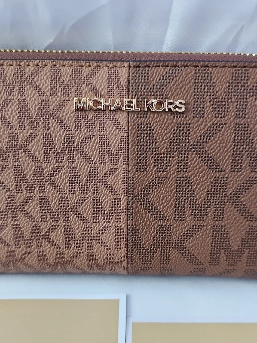 Michael Kors Brown MK Monogram Zip Wallet with Gold Hardware
